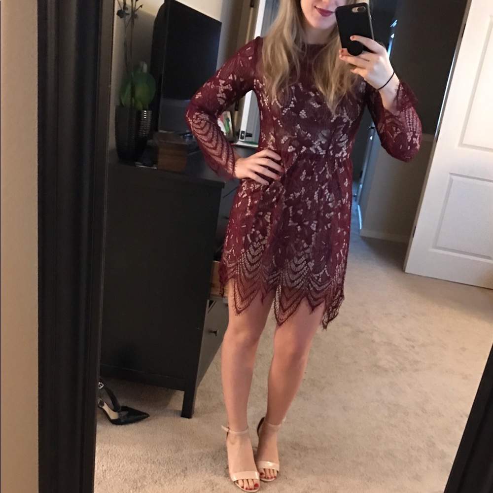 (CRIMSON/MAROON) Love FIRE Long Sleeve Lace Dress - Picture 1 of 4